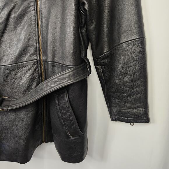 Vtg 90s Tannery West Black Leather Jacket Mens Large Belted Coat Faux Fur Trim - Picture 6 of 14